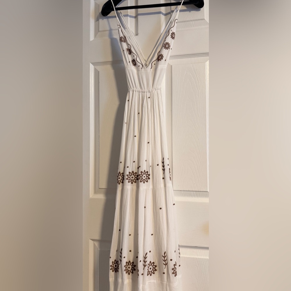 TWIK White Maxi Dress with Brown Floral Embroidery